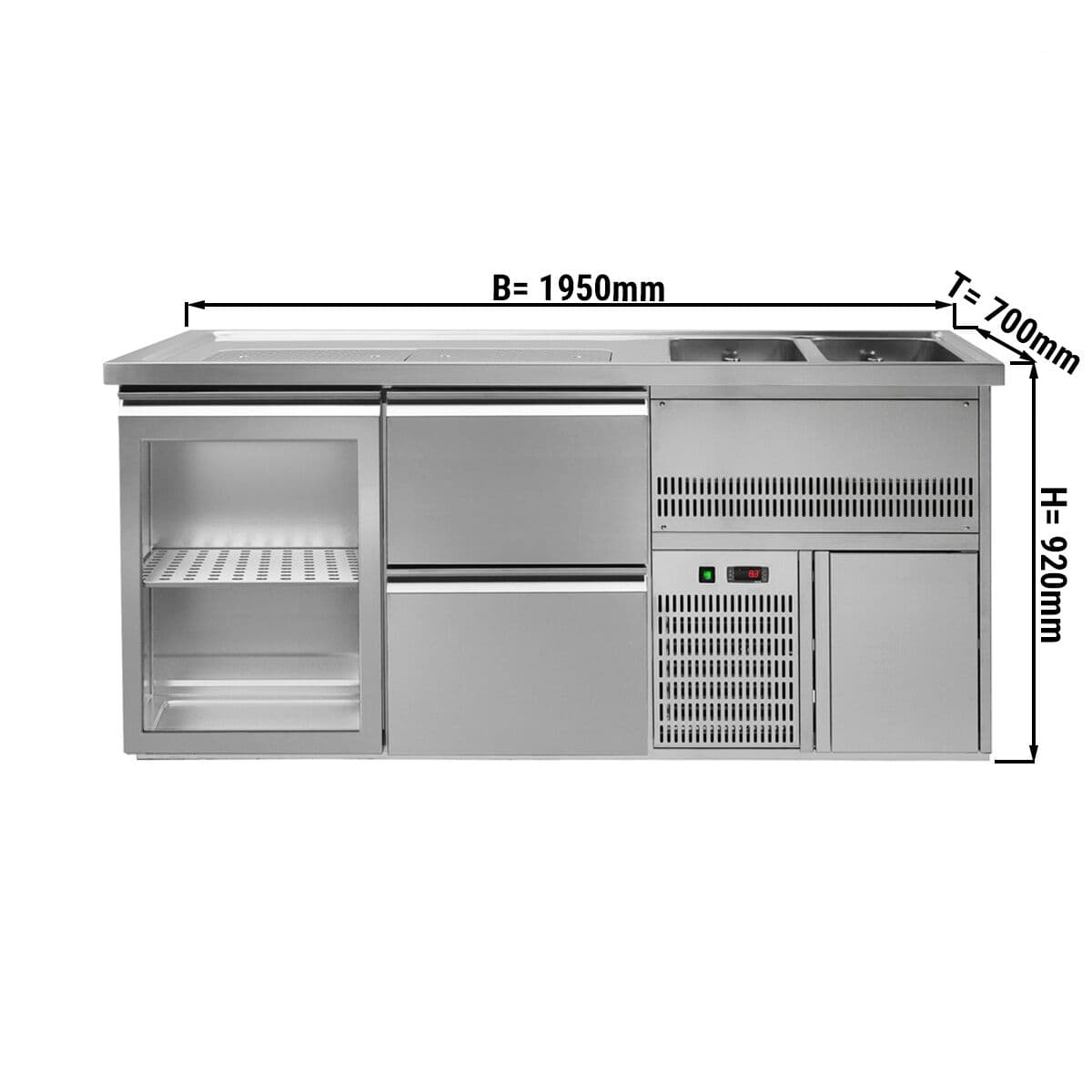 Biertheke Premium PLUS - 1950x700mm - 1 Glastür & 2 Schubladen