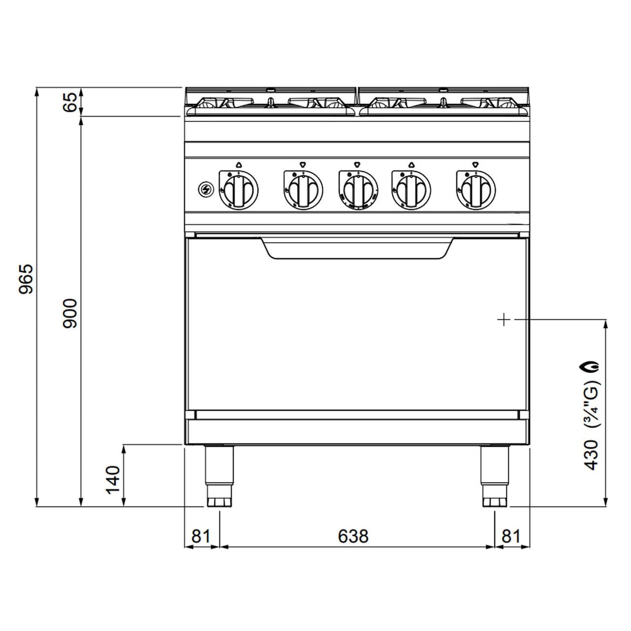 Gasherd - 34,5 kW - 4 Brenner - inkl. Gasbackofen - 7,8 kW