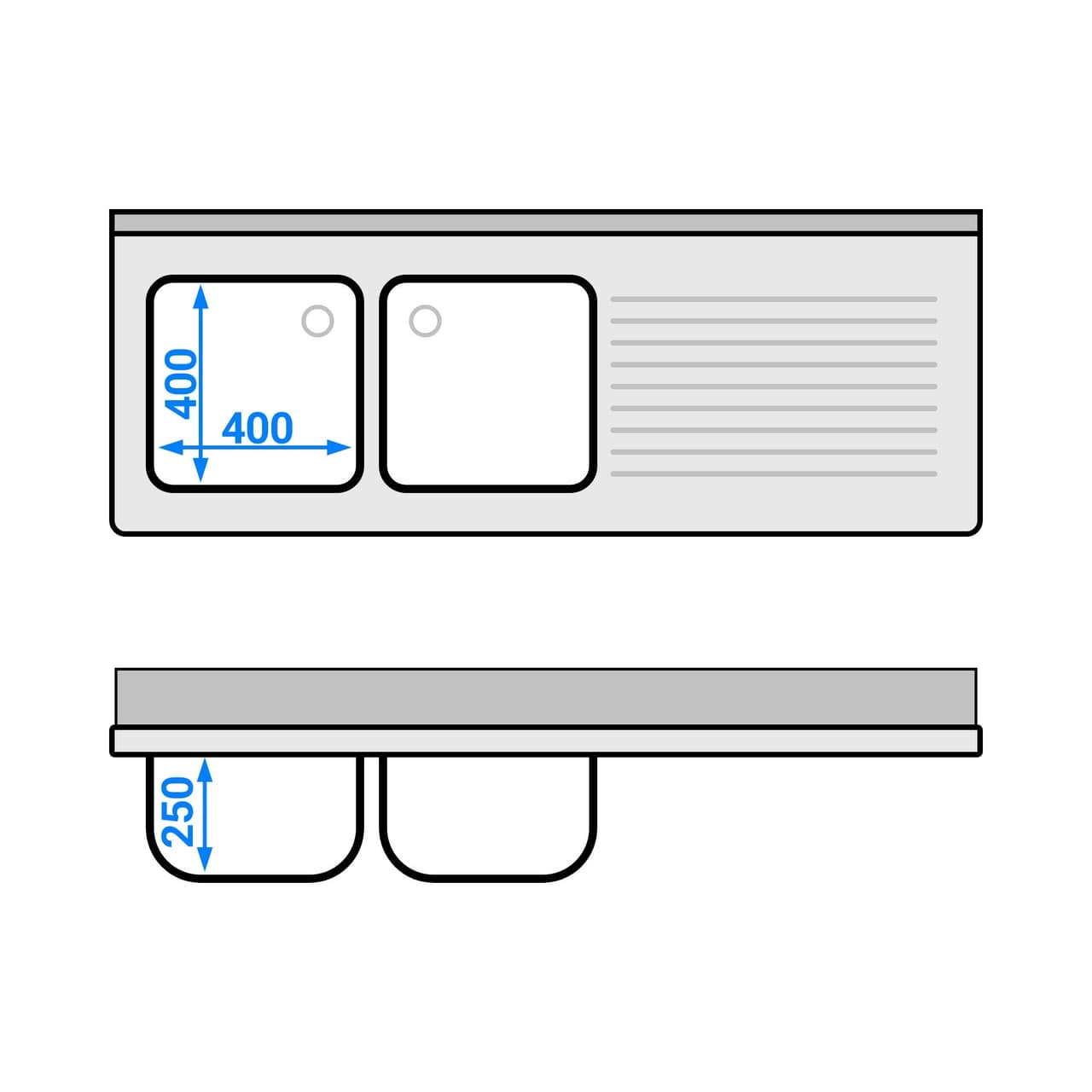 Spültisch PREMIUM - 1600x600mm - mit Grundboden & 2 Becken links