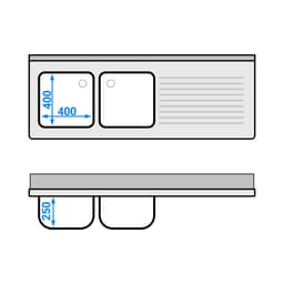 Spültisch PREMIUM - 1600x600mm - mit Grundboden & 2 Becken links