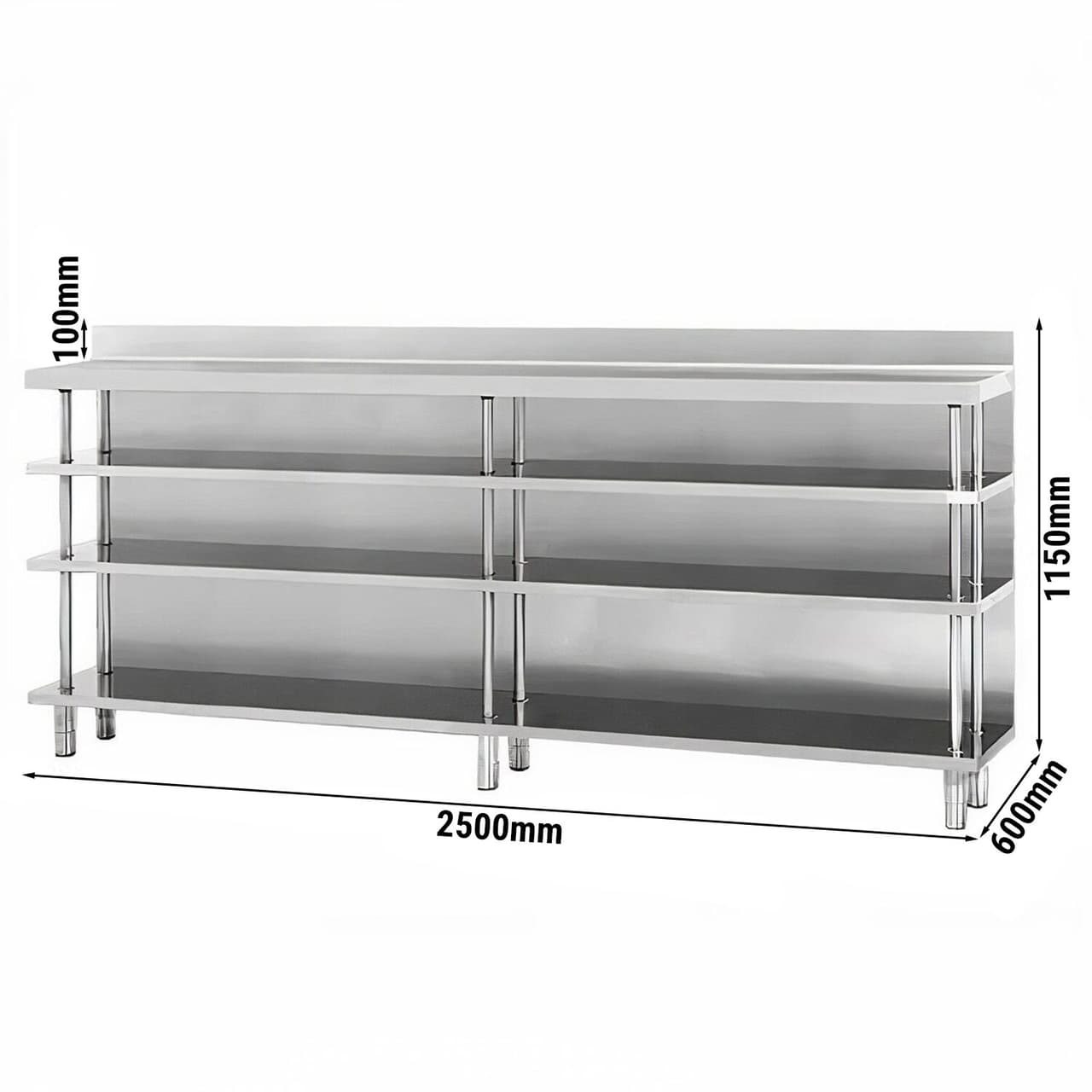 Edelstahl Bar-Arbeitstisch mit 4 Ablagen 2500x600