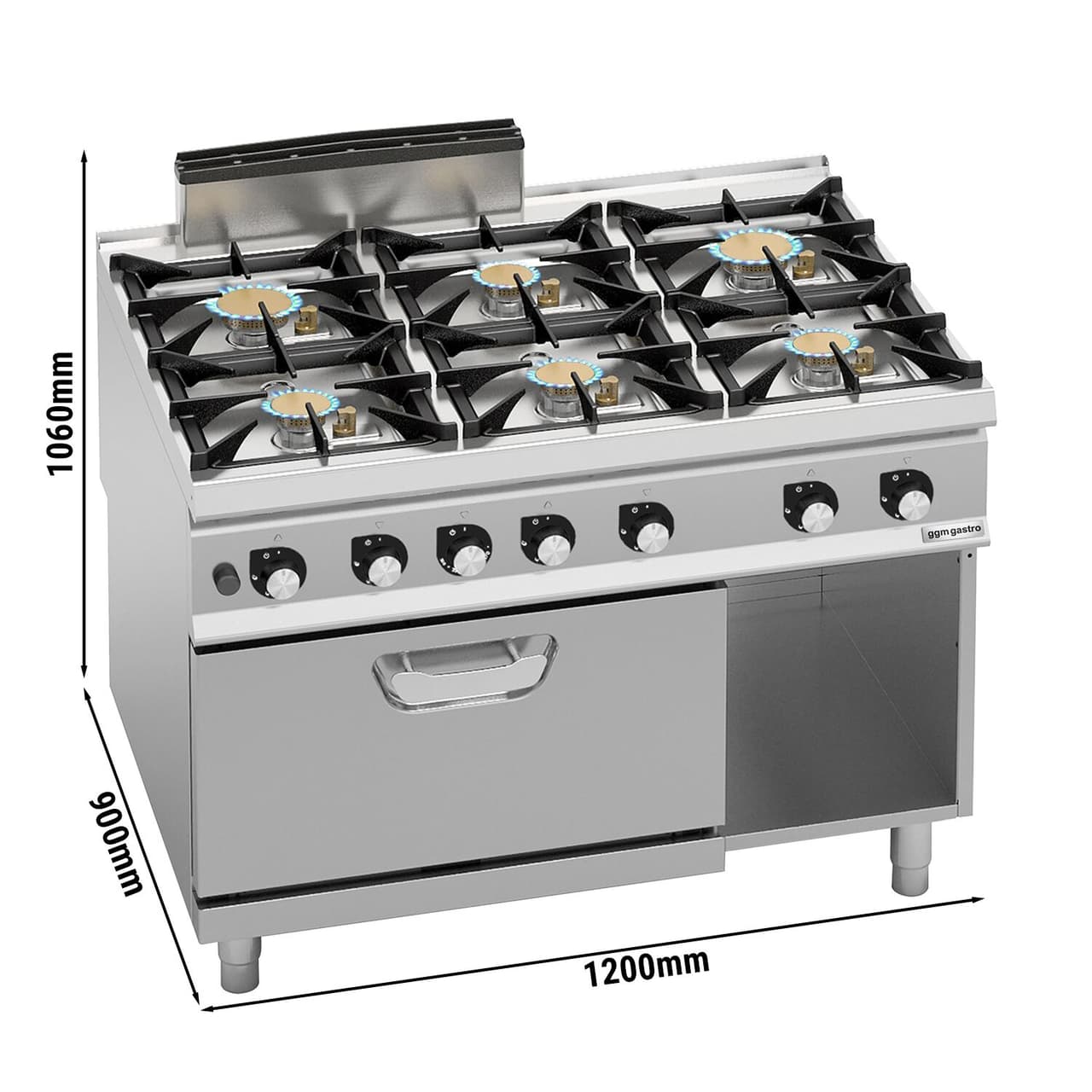 Gasherd - mit 6 Brennern - 60 kW - inkl. Gasbackofen - 7,8 kW - Hochleistungsmodell