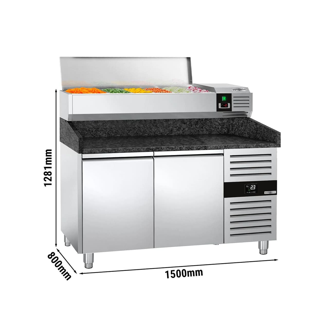 Pizzakühltisch PREMIUM - 1500x800mm - mit 2 Türen - inkl. Kühlaufsatzvitrine - 7x GN 1/4