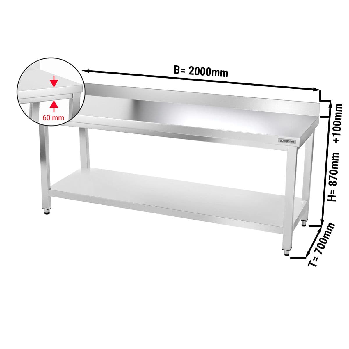 Edelstahl Arbeitstisch PREMIUM - 2000x700mm - mit Grundboden & Aufkantung