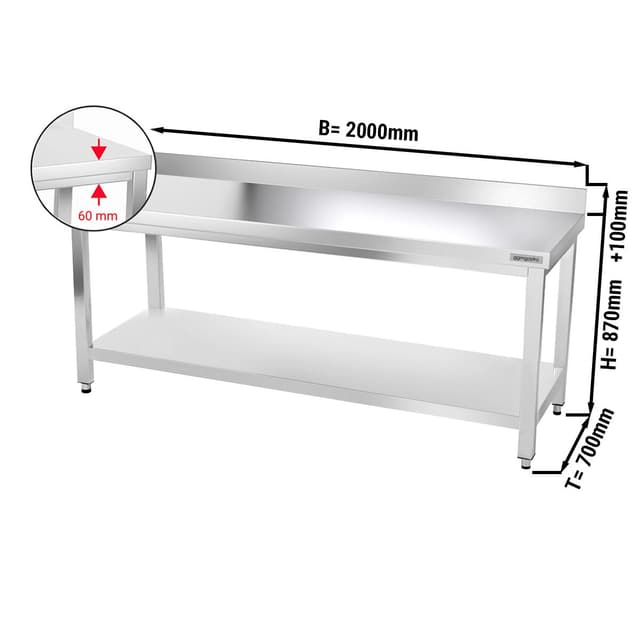 Edelstahl Arbeitstisch PREMIUM - 2000x700mm - mit Grundboden & Aufkantung