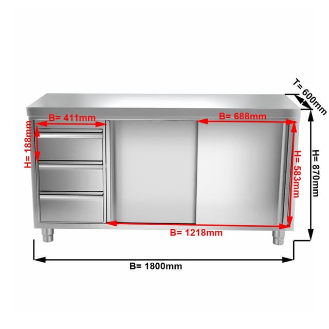 Edelstahl Arbeitsschrank PREMIUM - 1800x600mm - mit 3 Schubladen links ohne Aufkantung