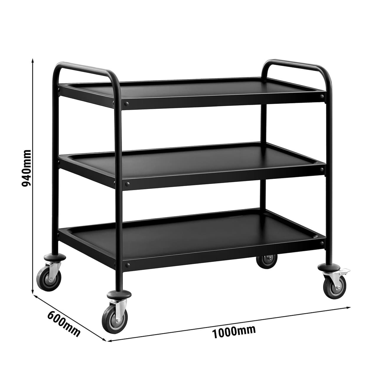 Servierwagen - 1000x600mm - mit 3 Abstellflächen - Schwarz