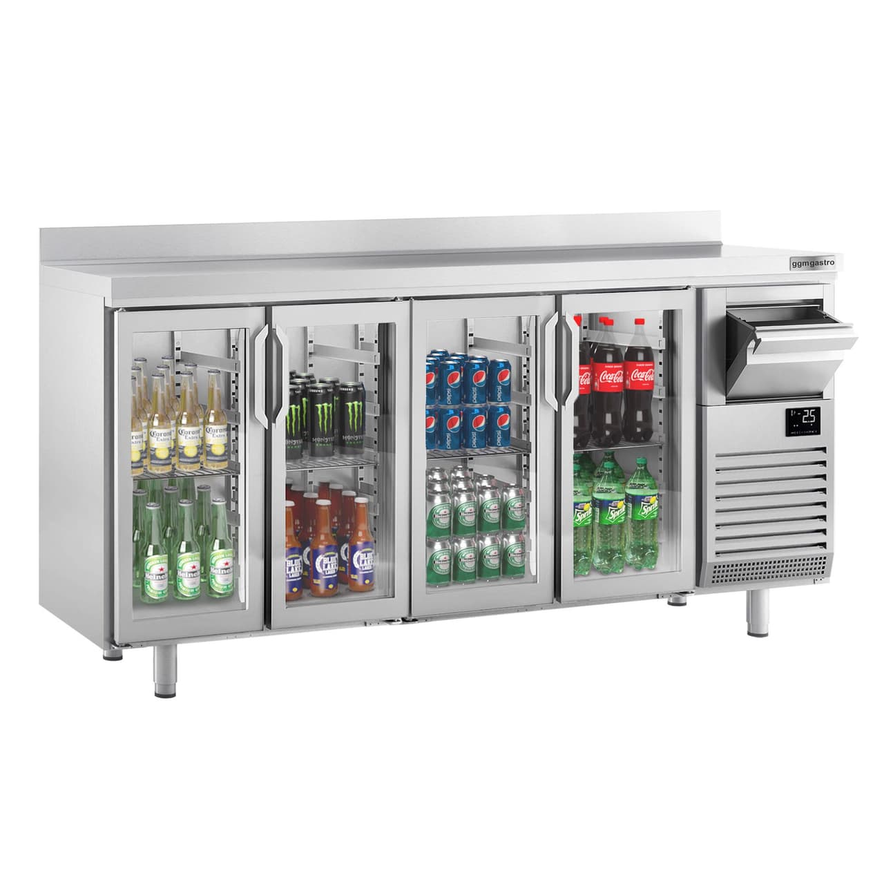 Bar- & Getränkekühltisch Premium PLUS - 2450x600mm - mit 4 Glastüren, Aufkantung & Ausklopfer für Kaffee