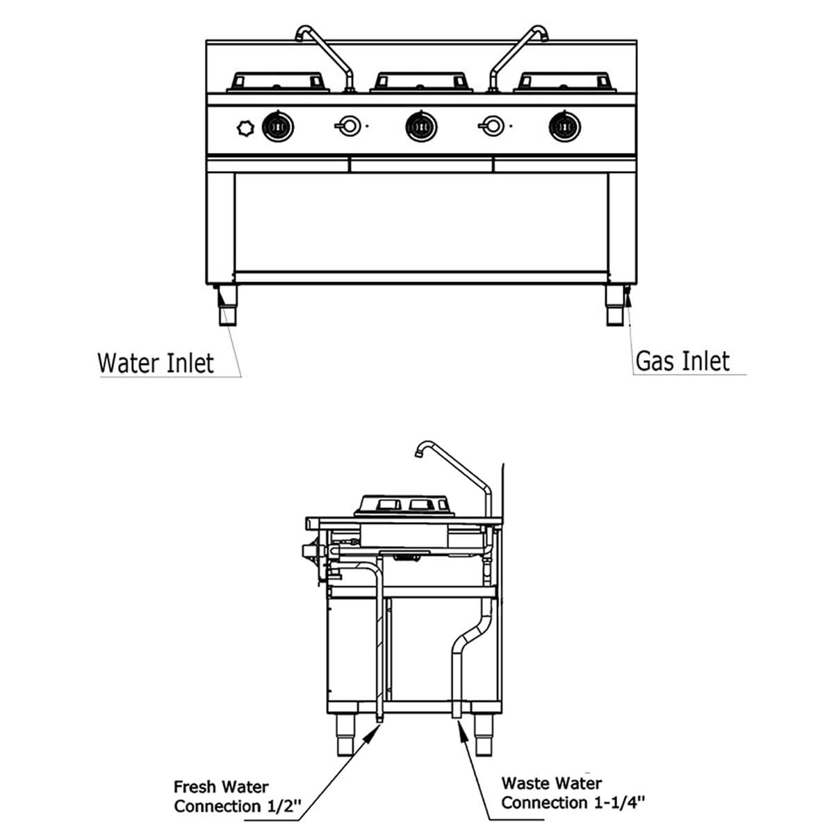 Gas Wok-Herd - 45 kW - 3 Kochstellen - ink. 2 Miniwassersäulen