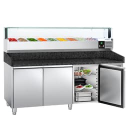 Pizzakühltisch PREMIUM - 2000x800mm - mit 3 Türen - inkl. Kühlaufsatzvitrine LED - 9x GN 1/3