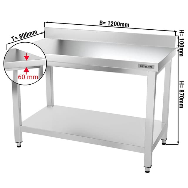 Edelstahl Arbeitstisch PREMIUM - 1200x800mm - mit Grundboden & Aufkantung