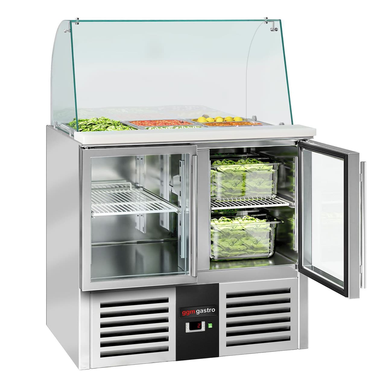 Saladette PREMIUM - 900mm - 2 Glastüren - mit hohem Glasaufsatz für 2x GN 1/1 & 3x GN 1/6