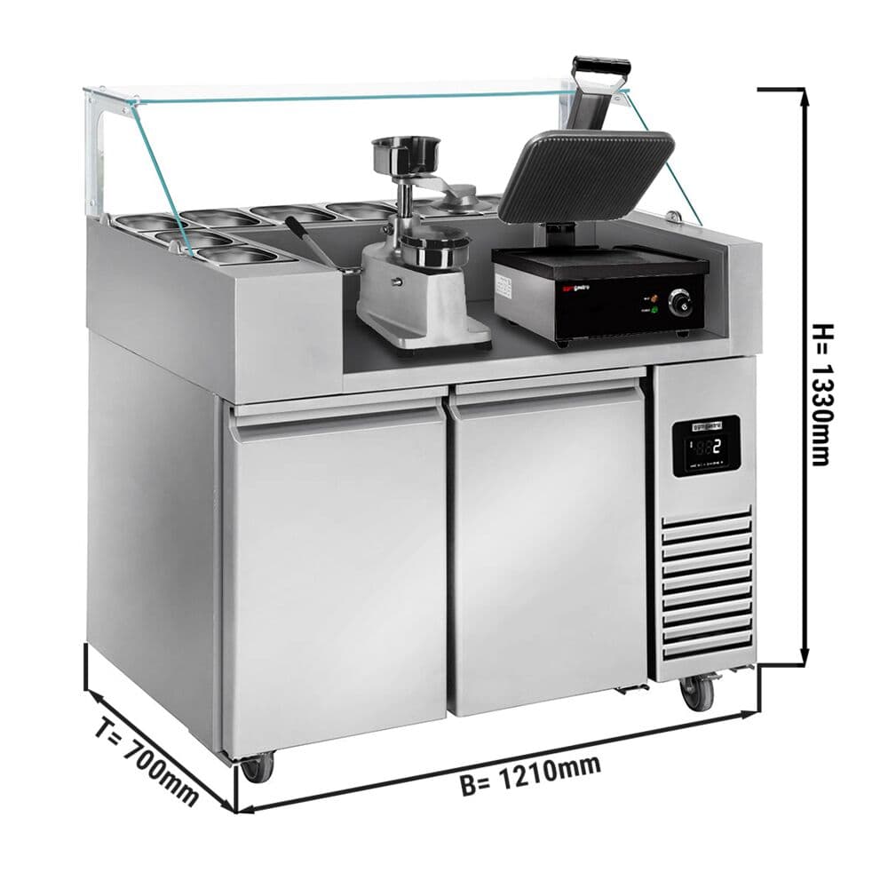 Zubereitungstisch - 1210mm - 2 Türen - für 9x GN 1/6 - inkl. Kontaktgrill & Hamburgermaschine