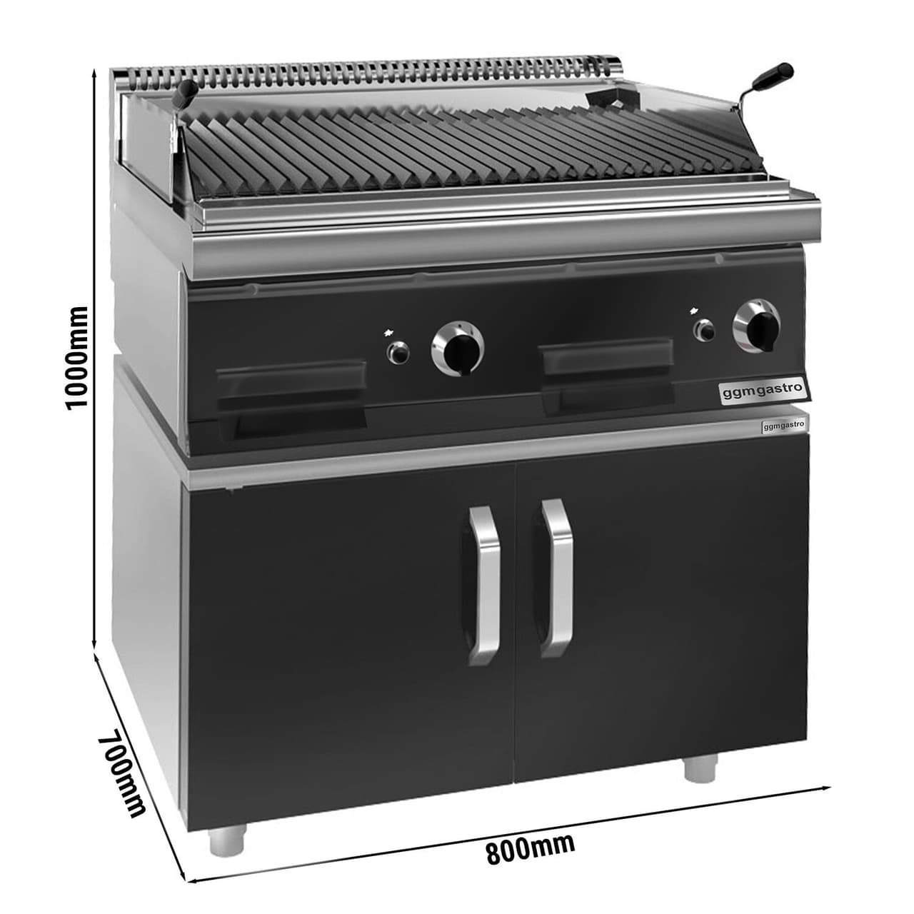 Gas Lavasteingrill - 14 kW - Grillrost neigbar - inkl. Unterbau mit 2 Türen