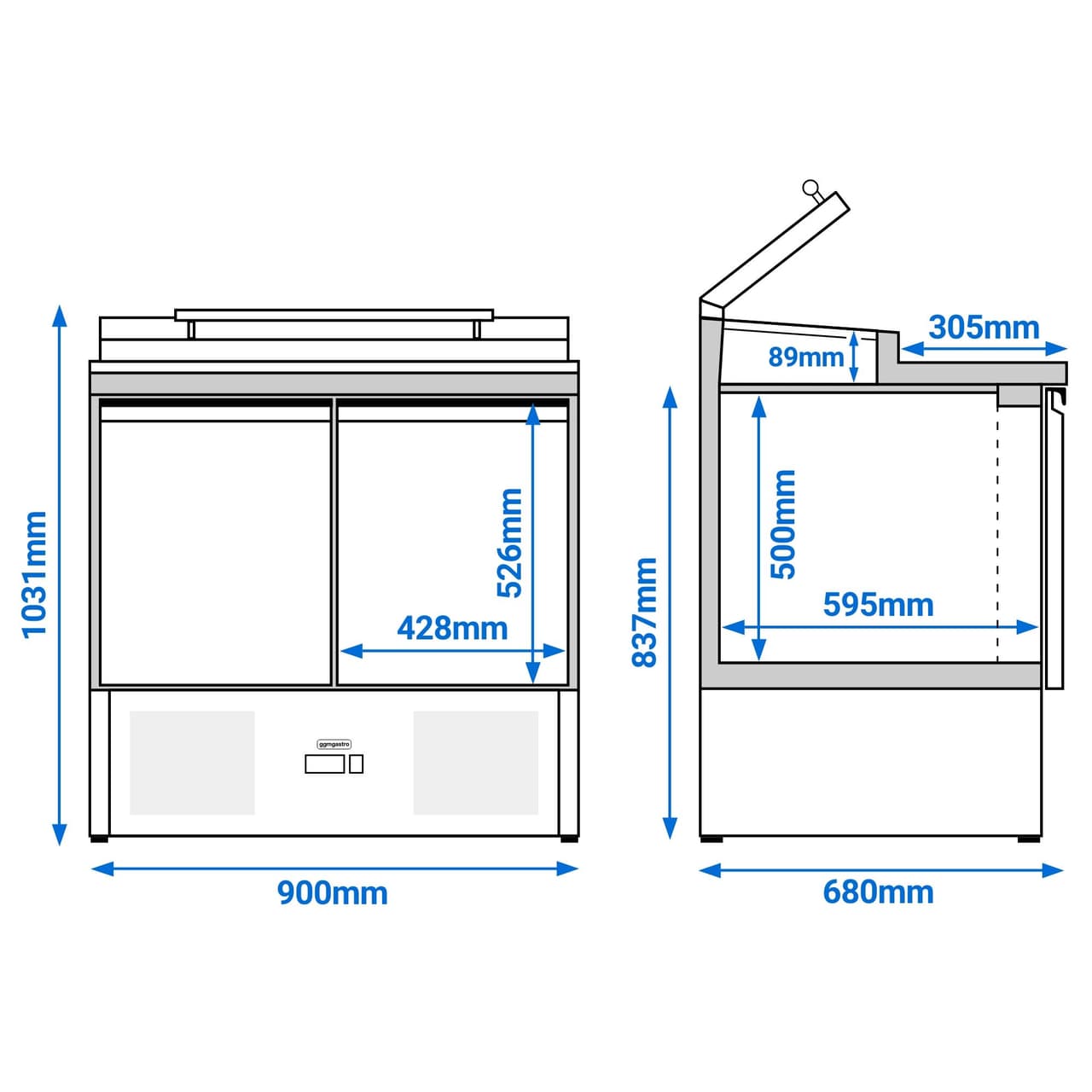 Saladette PREMIUM - 900mm - 2 Türen - mit Einlass für 4x GN 1/3 & Glasdeckel