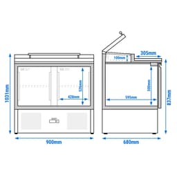 Saladette PREMIUM - 900mm - 2 Türen - mit Einlass für 4x GN 1/3 & Glasdeckel