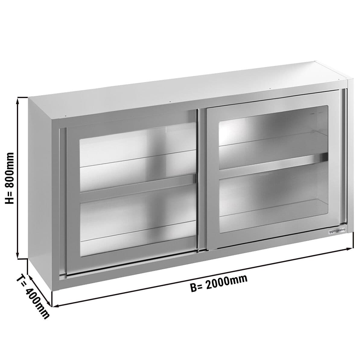 Edelstahl Wandhängeschrank - 2000x400mm - mit Glasschiebetür - 800mm hoch