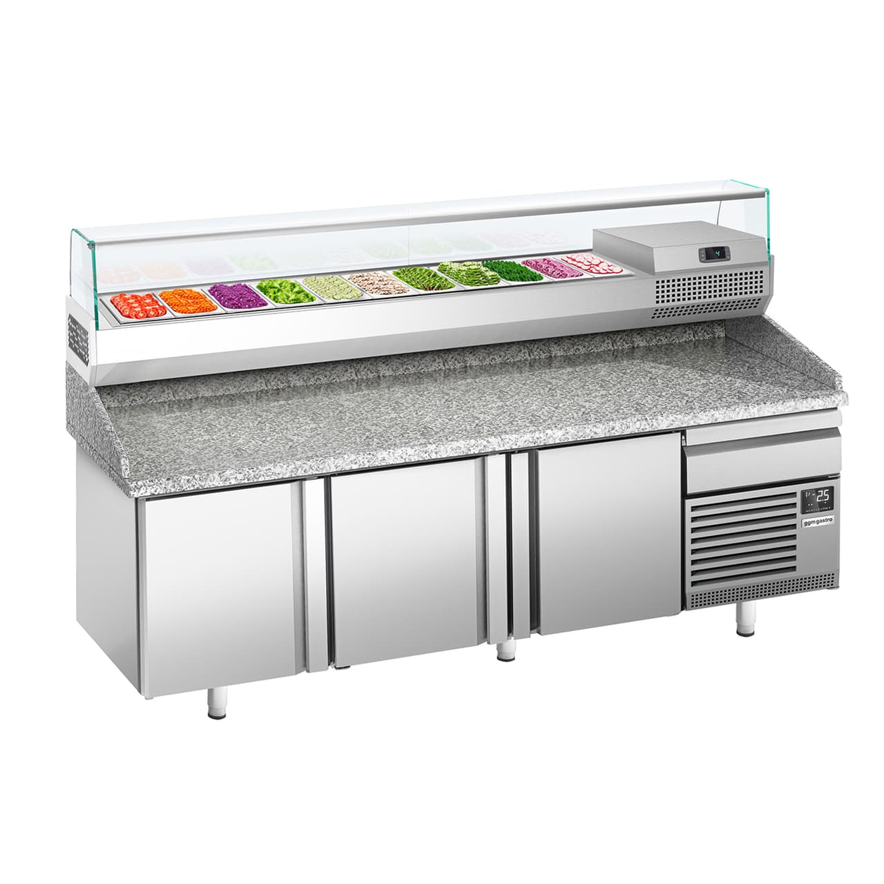 Pizzakühltisch Premium PLUS - 2305x800mm - mit 3 Türen - inkl. Kühlaufsatzvitrine - 11x GN 1/4