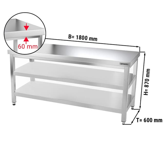 Edelstahl Arbeitstisch PREMIUM - 1800x600mm - mit Grundboden & Zwischenboden