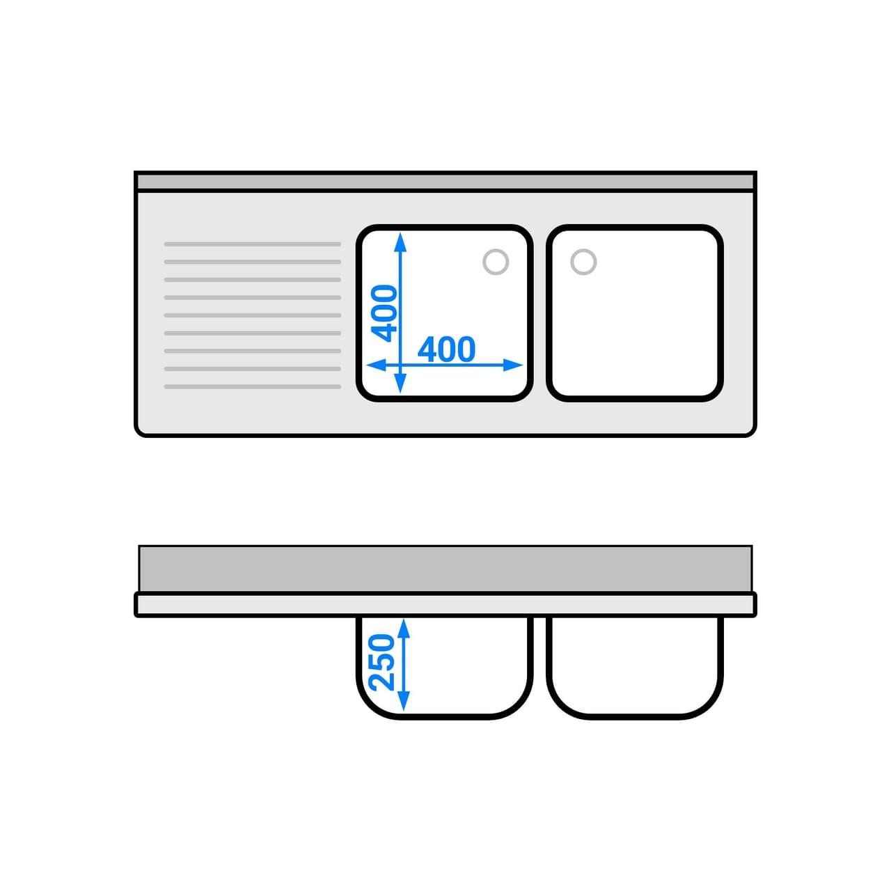 Spültisch PREMIUM - 1400x600mm - mit Grundboden & 2 Becken rechts