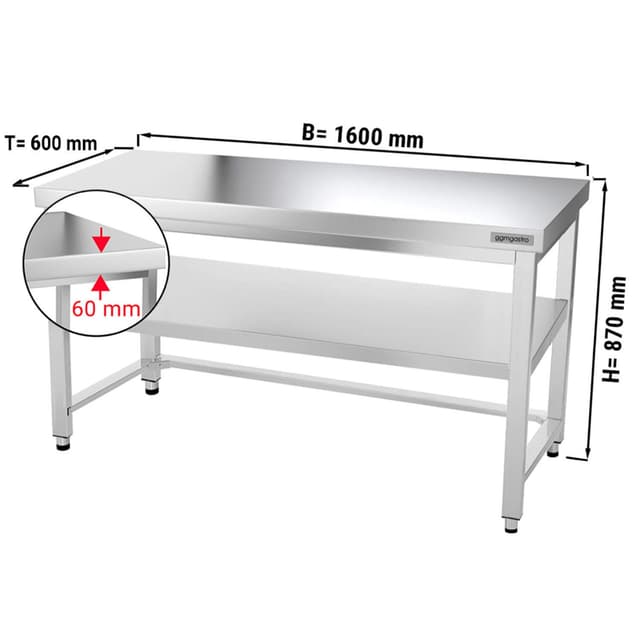 Edelstahl Arbeitstisch PREMIUM - 1600x600mm - mit Grundboden & Verstrebung