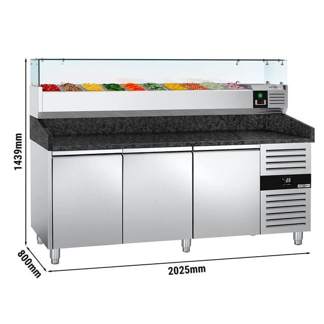 Pizzakühltisch PREMIUM - 2000x800mm - mit 3 Türen - inkl. Kühlaufsatzvitrine - 9x GN 1/3