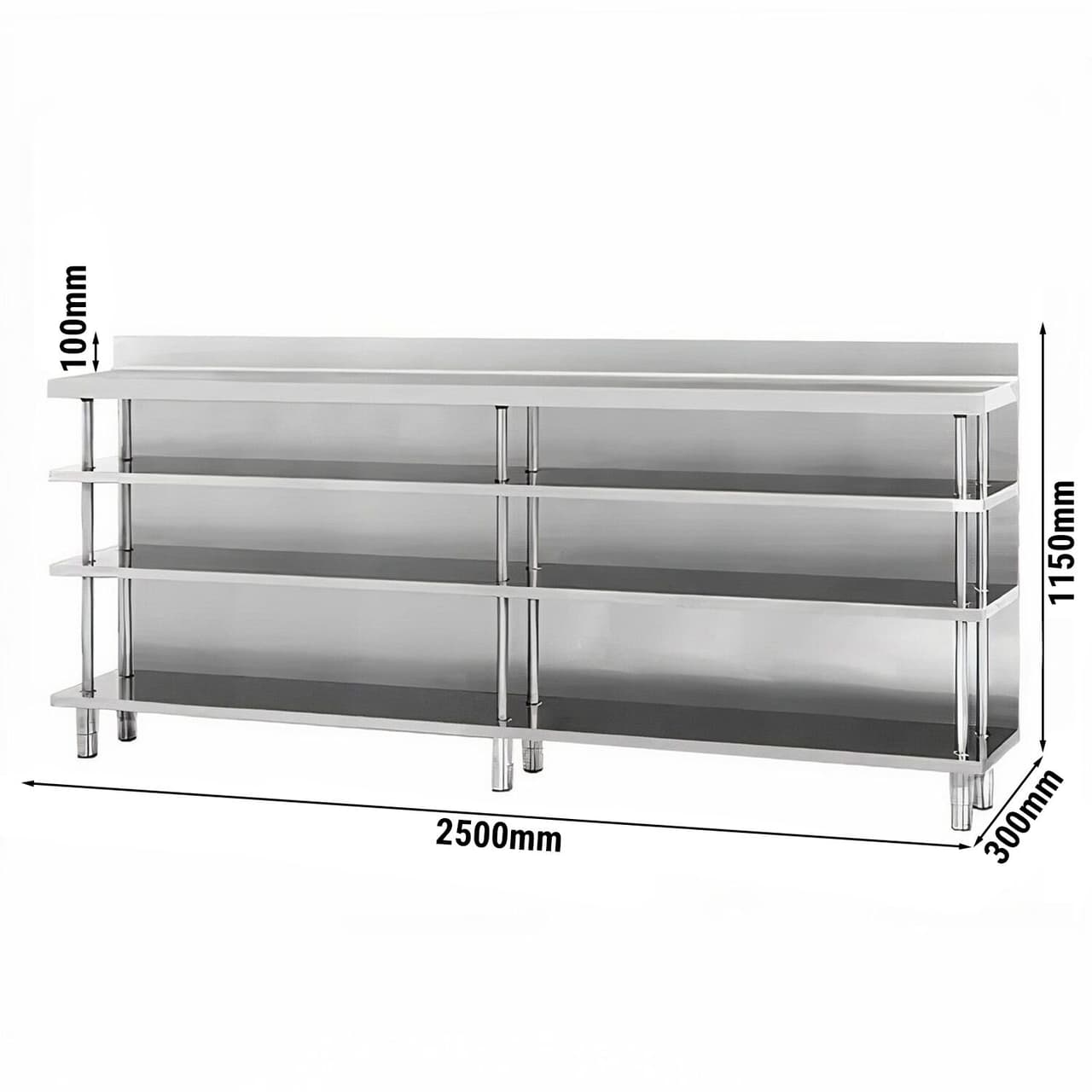 Edelstahl Bar-Arbeitstisch mit 4 Ablagen 2500x300