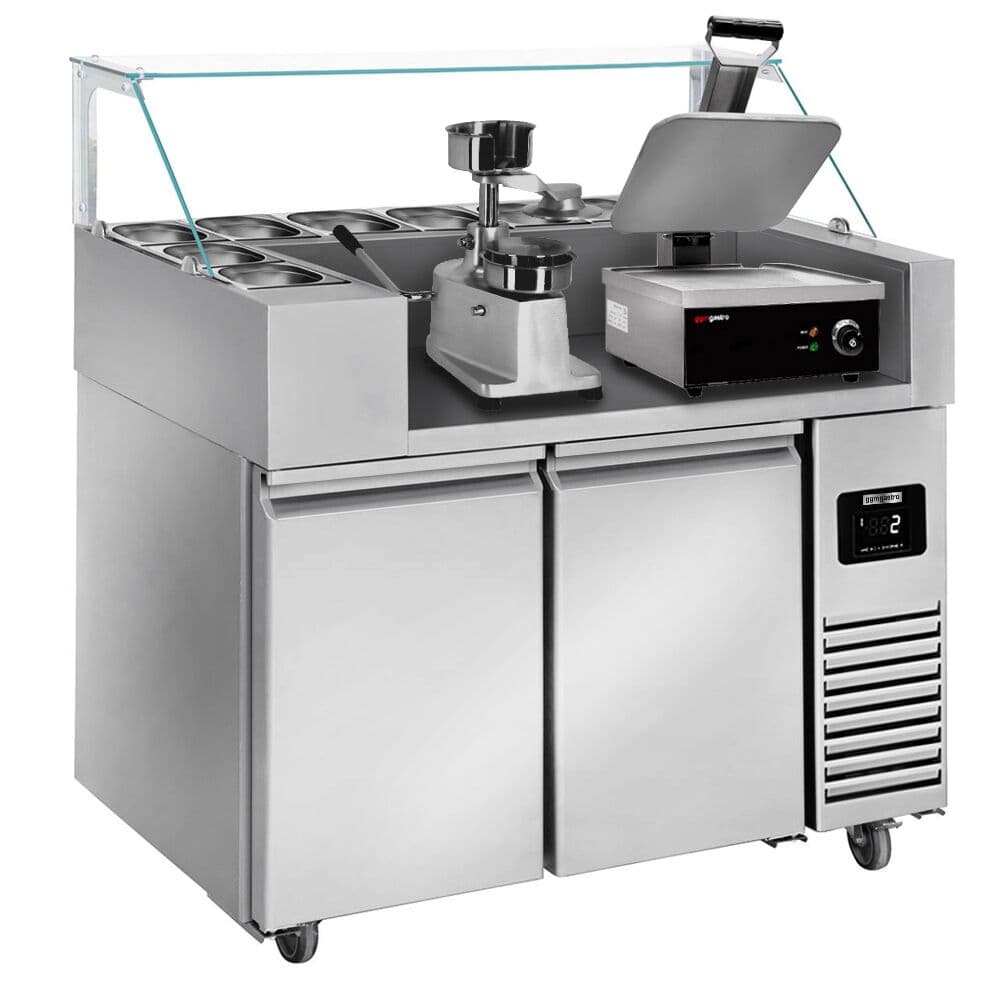 Zubereitungstisch - 1210mm - 2 Türen - für 9x GN 1/6 - inkl. Kontaktgrill & Hamburgermaschine