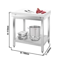 Edelstahl Arbeitstisch PREMIUM - 700x600mm - mit Grundboden ohne Aufkantung inkl. Schneideplatte