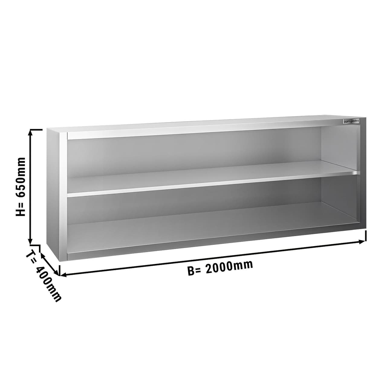 Edelstahl Wandhängeschrank PREMIUM - 2000x400mm - ohne Schiebetür - 650mm hoch