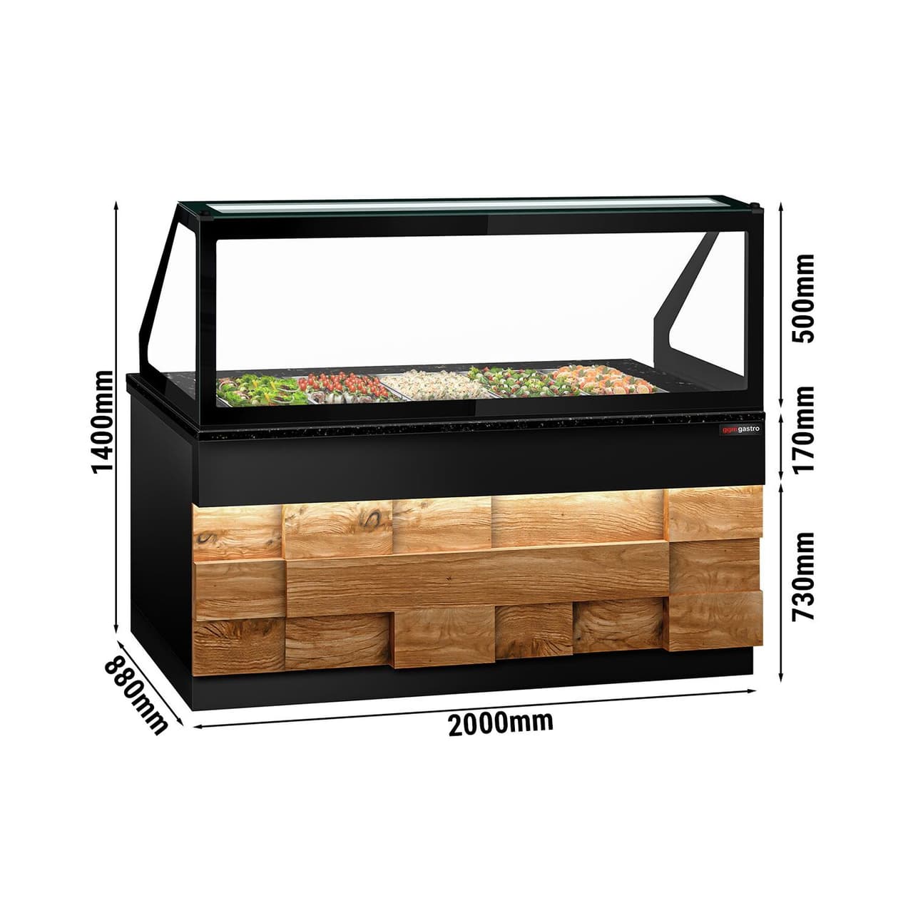 Saladette TORONTO - 2000mm - Holzfront - 3 Türen - für 5x GN 1/1 - schwarze Granit-Arbeitsplatte