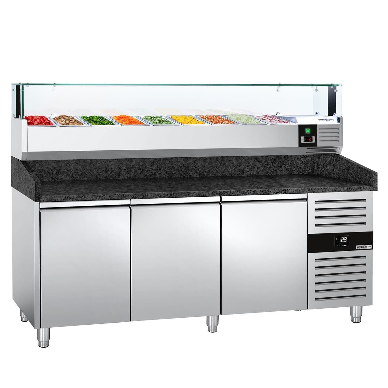 Pizzakühltisch PREMIUM - 2000x800mm - mit 3 Türen - inkl. Kühlaufsatzvitrine LED - 9x GN 1/3