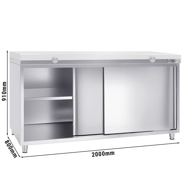 Edelstahl Arbeitsschrank PREMIUM - 2000x800mm - mit Schiebetür ohne Aufkantung inkl. Schneidplatte