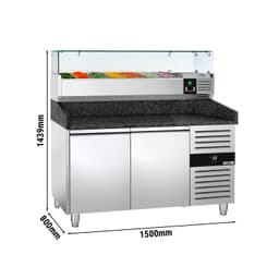 Pizzakühltisch PREMIUM - 1500x800mm - mit 2 Türen - inkl. Kühlaufsatzvitrine - 7x GN 1/4