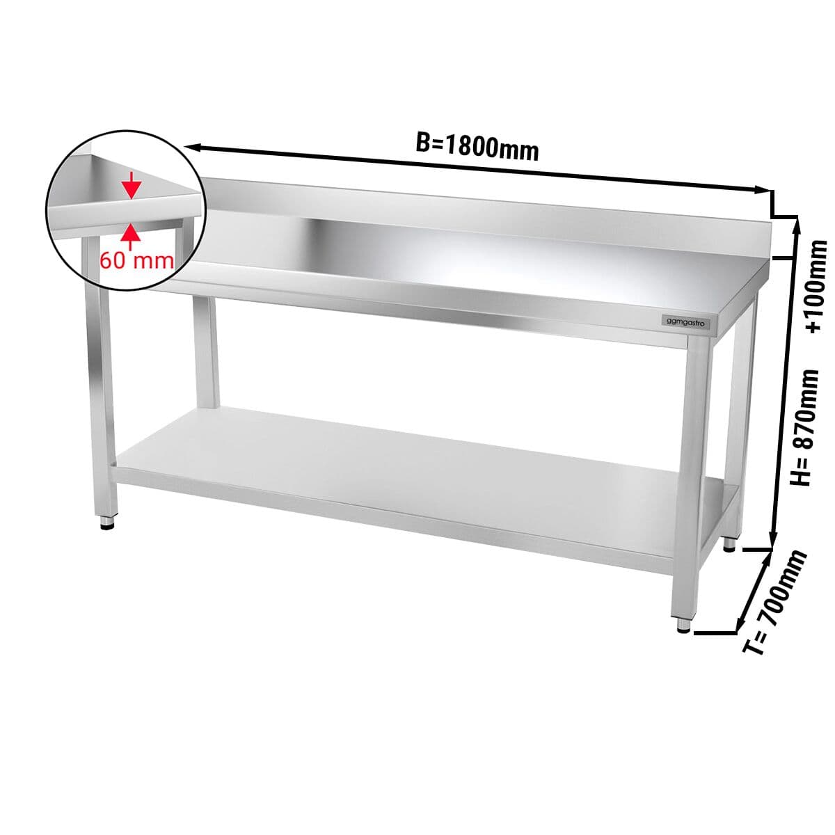 Edelstahl Arbeitstisch PREMIUM - 1800x700mm - mit Grundboden & Aufkantung