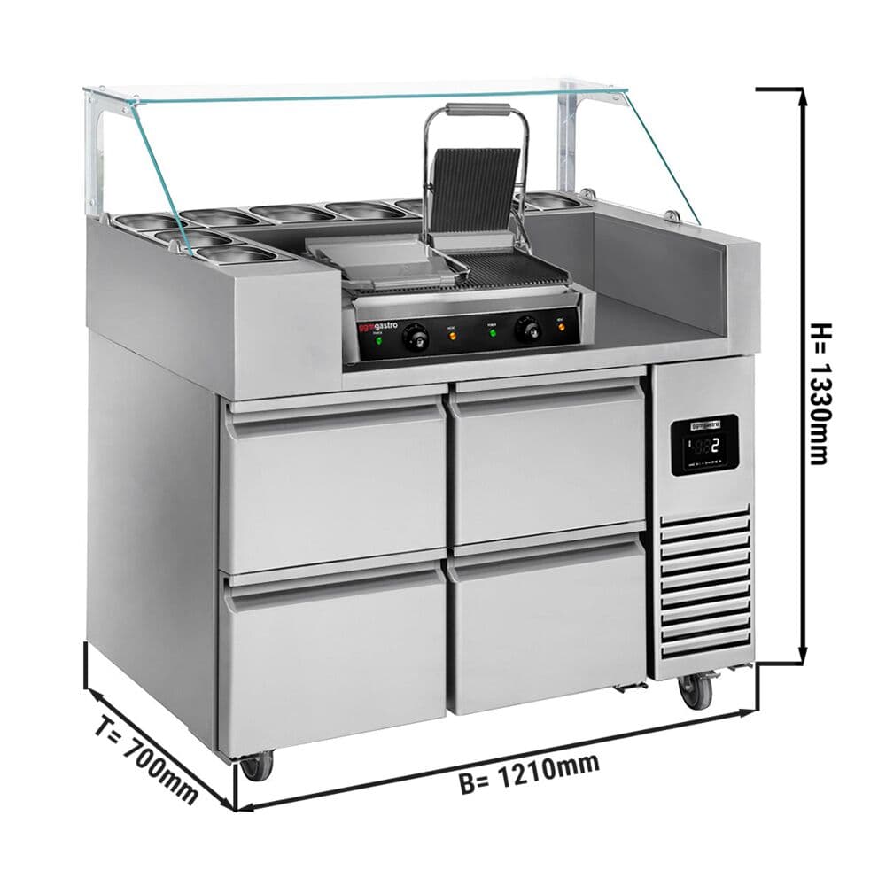 Zubereitungstisch - 1210mm - 4 Schubladen - für 9x GN 1/6 - inkl. Kontaktgrill