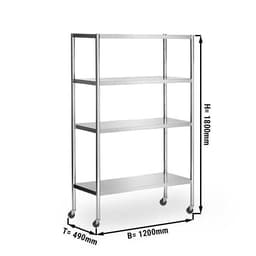 Edelstahlregal PREMIUM - 1200x490mm - mit 4 Ablagen (VERSTELLBAR) - inkl. 4 Rollen