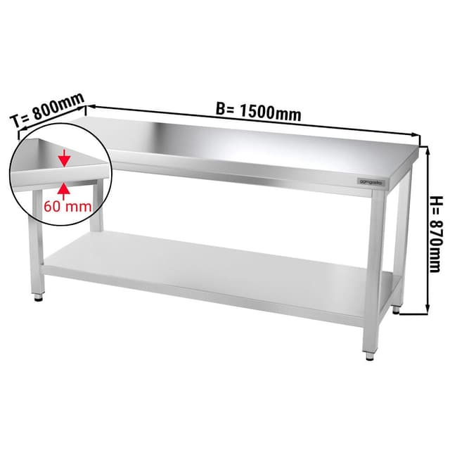 Edelstahl Arbeitstisch PREMIUM - 1500x800mm - mit Grundboden ohne Aufkantung