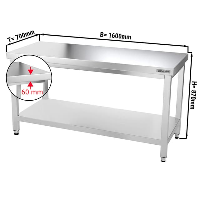 Edelstahl Arbeitstisch PREMIUM - 1600x700mm - mit Grundboden ohne Aufkantung