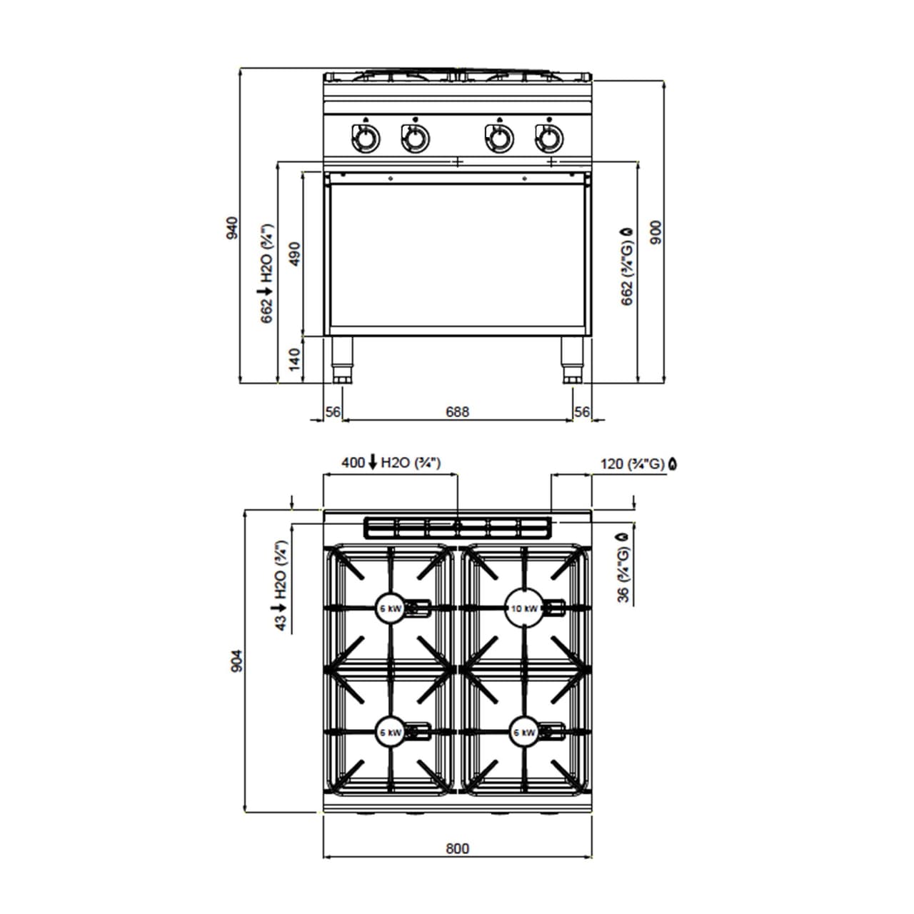 Gasherd - mit 4 Brennern - 28 kW