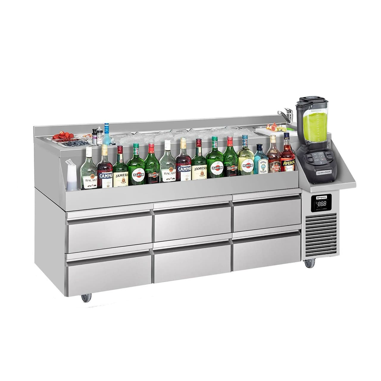 Bar- & Getränkekühltisch - 1600x600mm - 235 Liter - mit 6 Schubladen & Ablagen