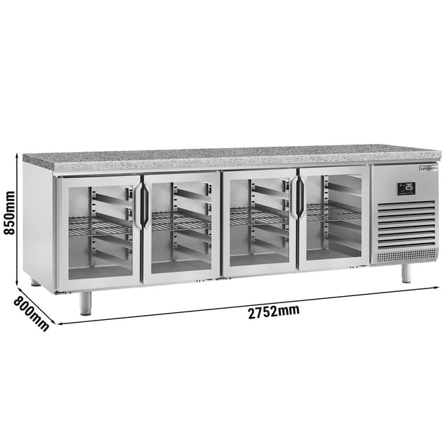 Bäckereikühltisch Premium PLUS - 2752x800mm - 4 Glastüren & Granitarbeitsplatte