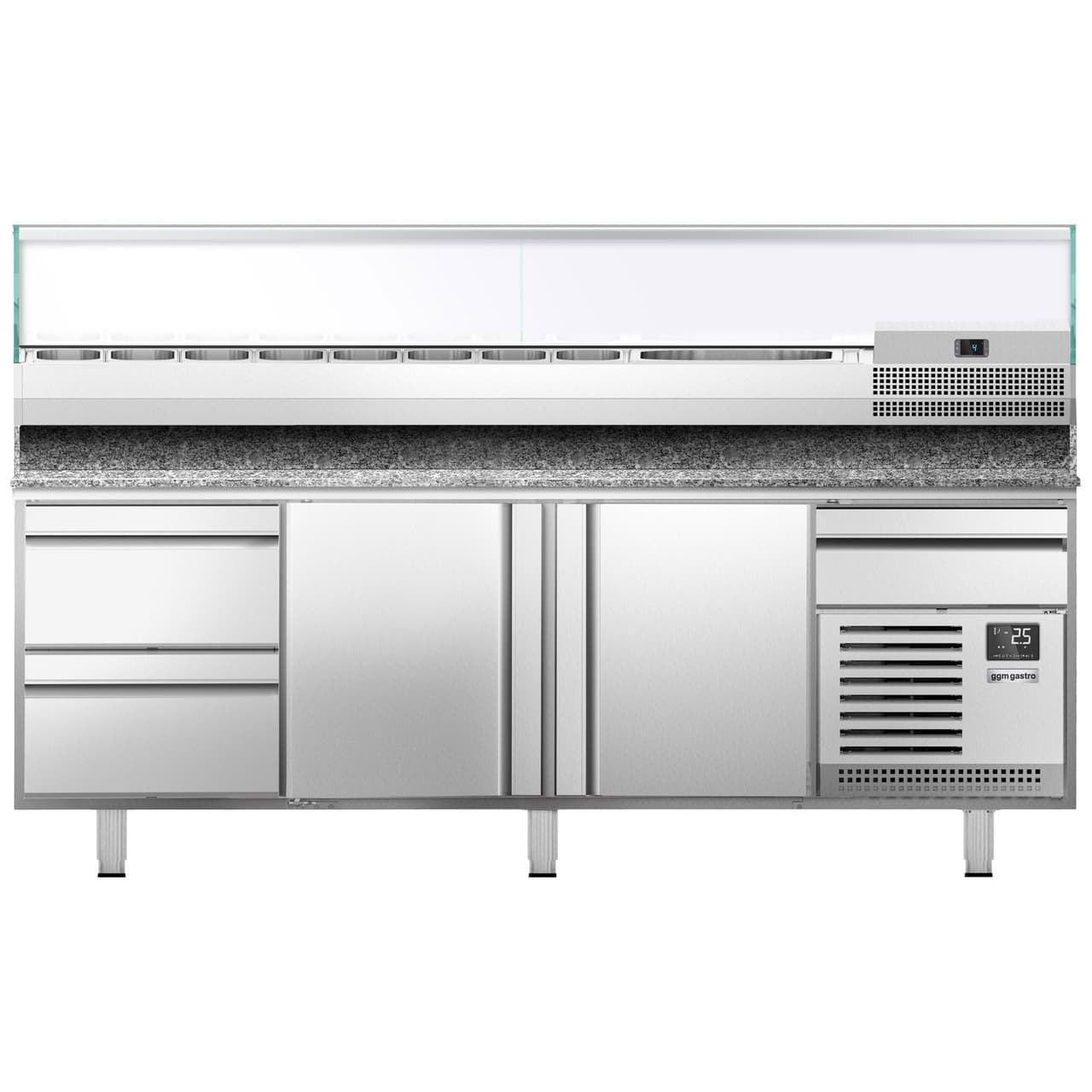 Pizzakühltisch Premium PLUS - 2305x800mm - mit 2 Türen & 2 Schubladen - inkl. Kühlaufsatzvitrine - 10x GN 1/3