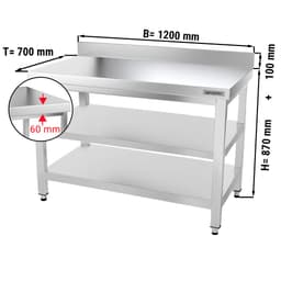 Edelstahl Arbeitstisch PREMIUM - 1200x700mm - mit Grundboden, Aufkantung & Zwischenboden