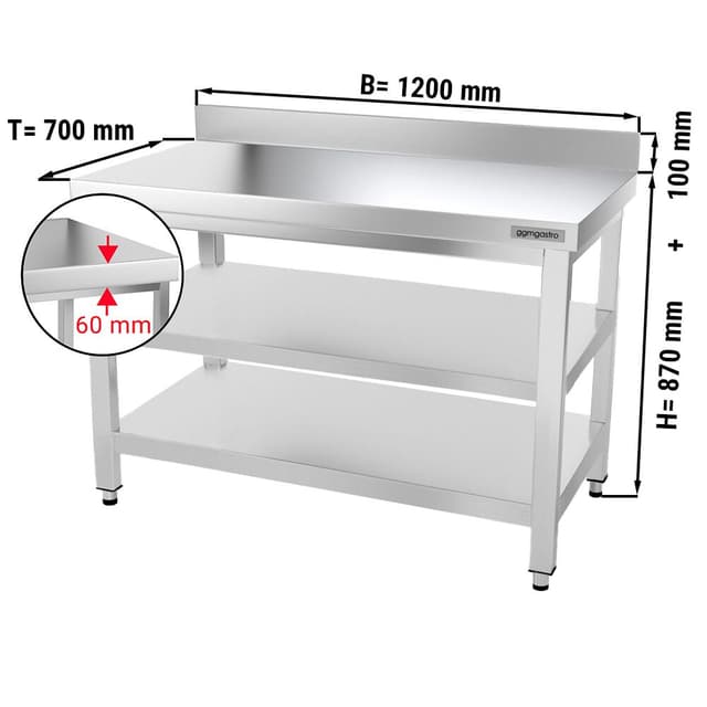 Edelstahl Arbeitstisch PREMIUM - 1200x700mm - mit Grundboden, Aufkantung & Zwischenboden