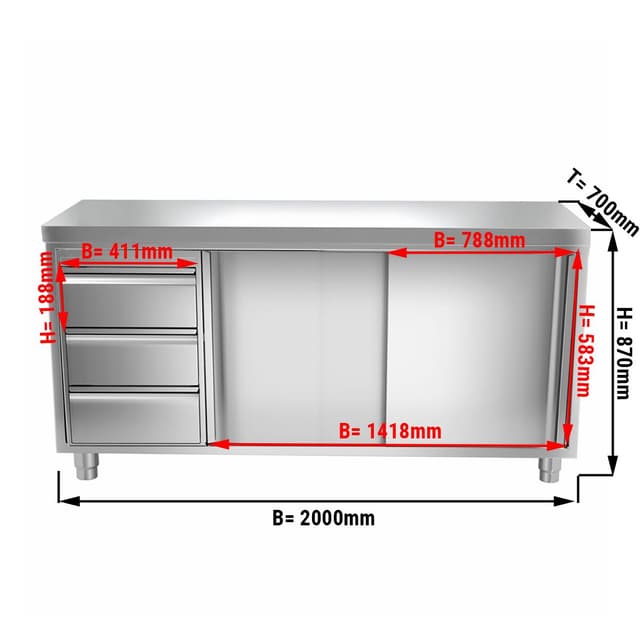 Edelstahl Arbeitsschrank PREMIUM - 2000x700mm - mit 3 Schubladen links ohne Aufkantung