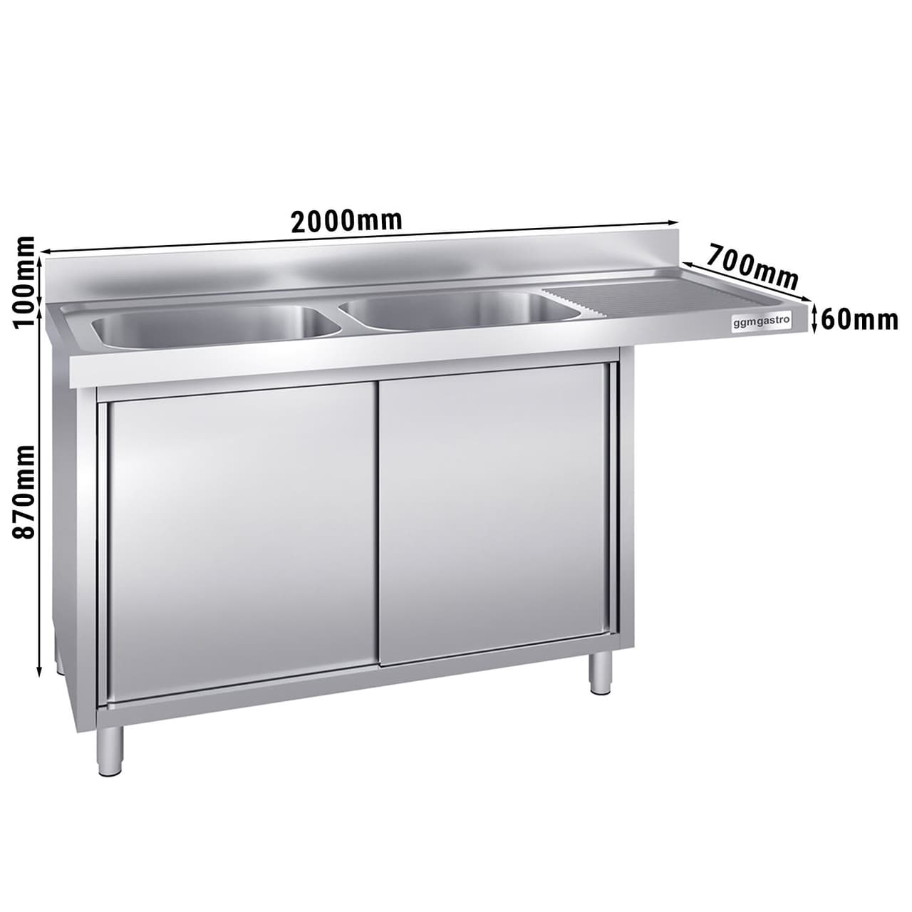 Spülmaschinen-Spülschrank - 2000x700mm - mit 2 Becken links