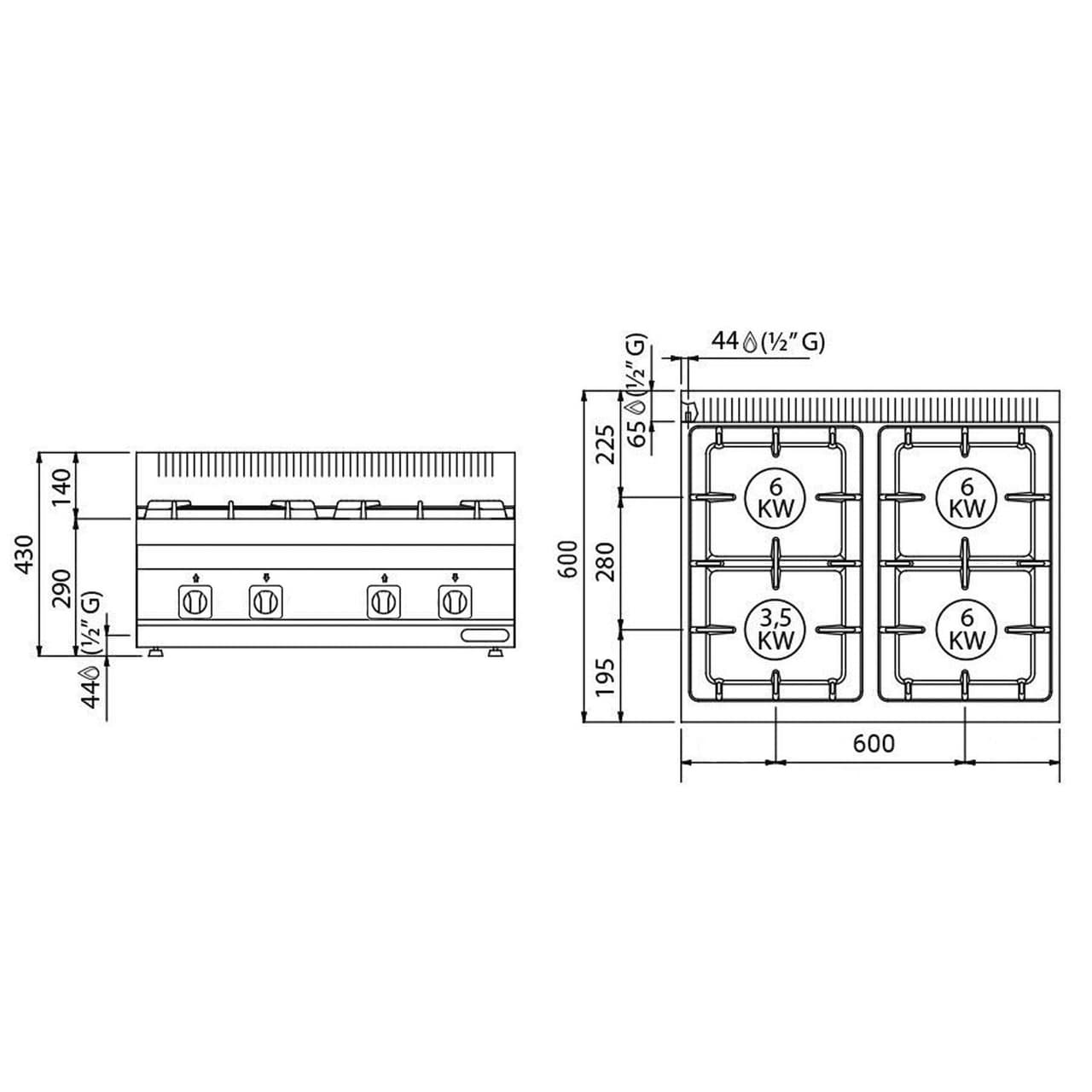 Gasherd - 16 kW - 4 Brenner - inkl. Unterbau mit 2 Türen