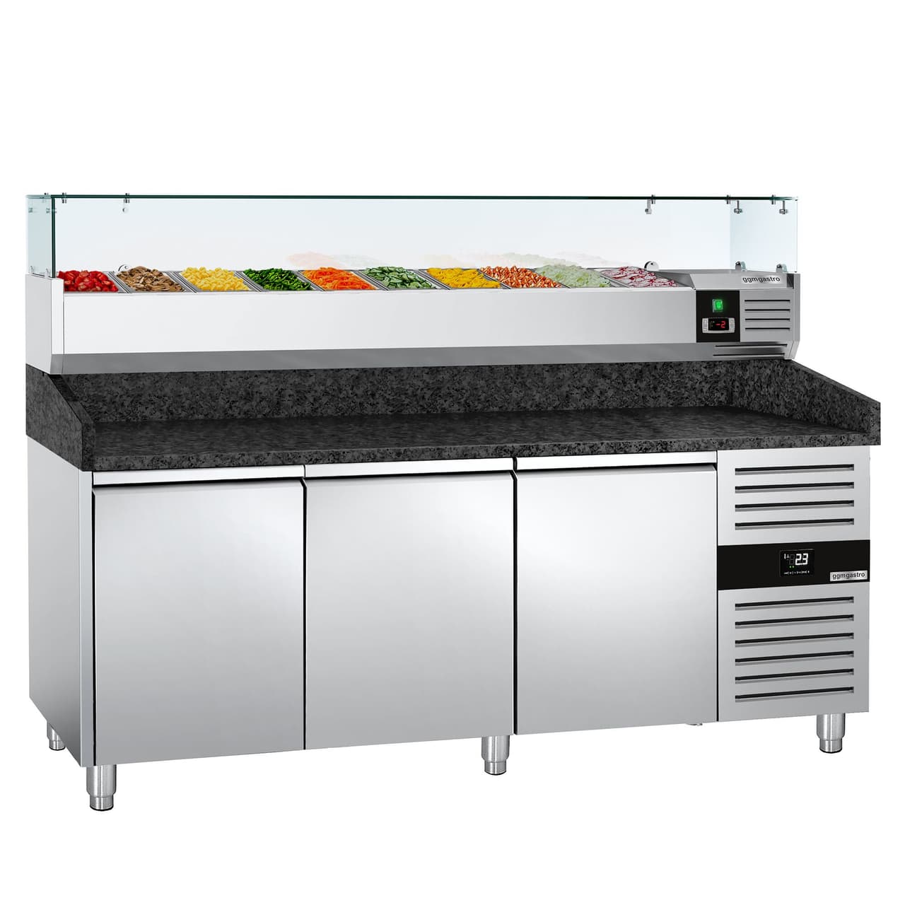 Pizzakühltisch PREMIUM - 2000x800mm - mit 3 Türen - inkl. Kühlaufsatzvitrine - 10x GN 1/4