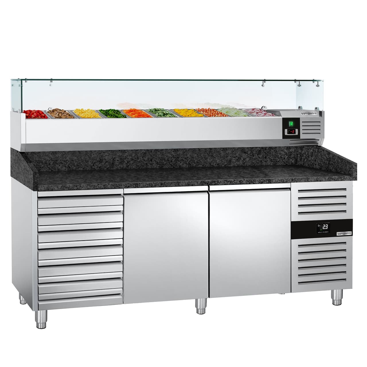 Pizzakühltisch PREMIUM - 2000x800mm - mit 2 Türen & 7 Schubladen - inkl. Kühlaufsatzvitrine - 10x GN 1/4